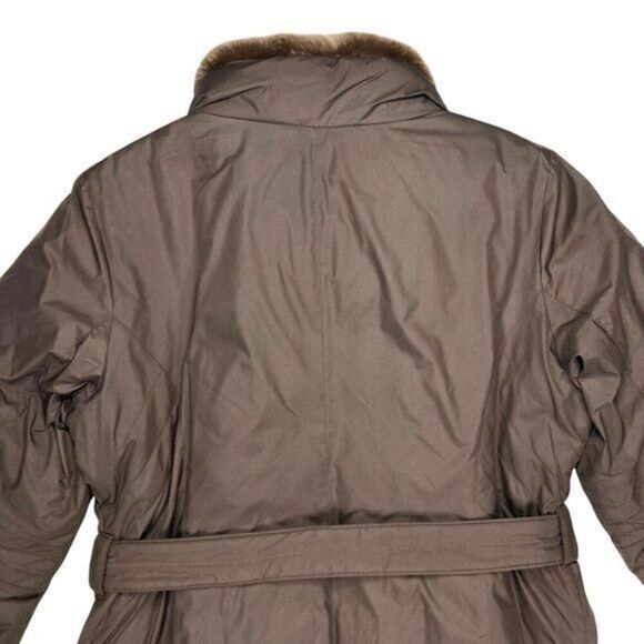 Anne Klein Rabbit Fur Trimmed Coat Sz M Brown Down Filled Belted Classic Jacket - Picture 8 of 16